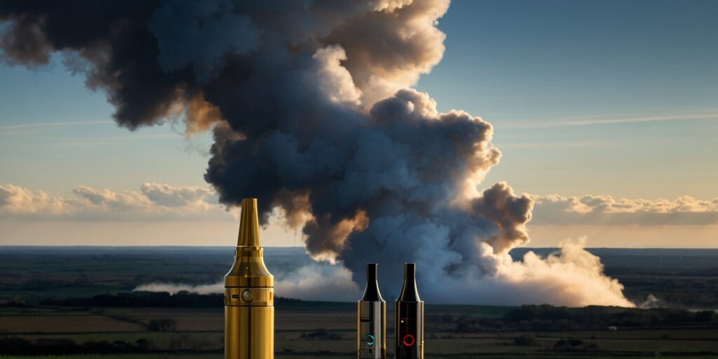 Une image d'un utilisateur vape avec une e-cigarette Vaze et un nuage de vapeur.